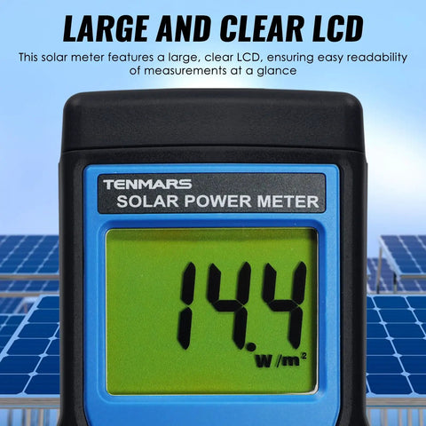Handheld Solar Irradiance Meter For Real World Sun Readings with large LCD displaying 14.4 W/m² on a blue solar background
