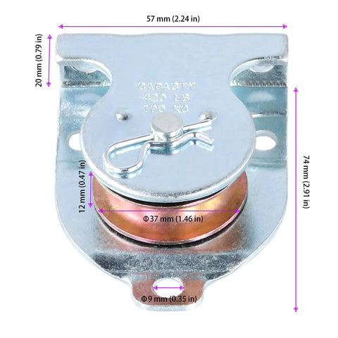 8 Pack Wall Mounted Pulleys Kit For Lifting And Hauling - 1.5 Inch Single Iron Pulley, Galvanized Steel, Directional Design, Fits Three Eighths Inch Wire Rope, Zinc Plated, Heavy Duty, Easy Install, Durable. dimensions shown