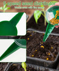 Green 6 Piece Seed Dispenser Set for Easy Garden Sowing with manual operation dibber and widger for flowers, visible in use.