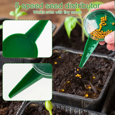 Green 6 Piece Seed Dispenser Set for Easy Garden Sowing with manual operation dibber and widger for flowers, visible in use.