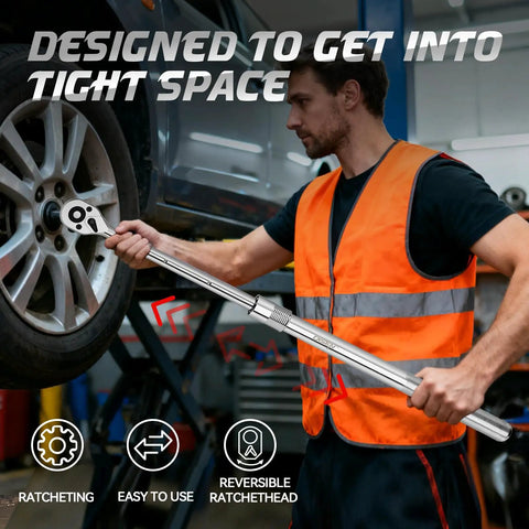 Man using Three Quarter Inch Extendable Drive Ratchet With Twenty Four Tooth Gear And Fifteen Degree Sweep Quick Release Reversible Ratcheting