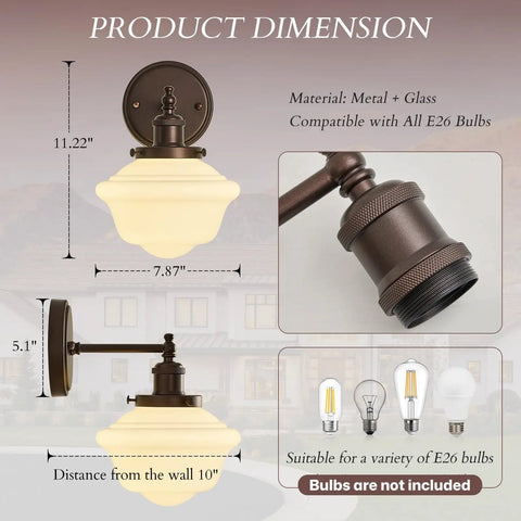 Wall Sconce Lighting Oil Rubbed Bronze Milk Glass Hardwired Wall Sconces dimensions, showing size, metal, and glass details.