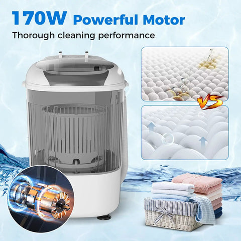 Compact Portable Washing Machine With Separate Spin Tub And Quick Drain Hose, 5.5 Lb Mini Laundry Washer For Apartments Dorms And RV Homes, Grey with powerful 170W motor.