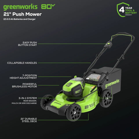 80V 21 Inch Brushless Cordless Lawn Mower with easy push start, collapsible handles, and durable steel deck.