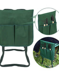Grab And Go Folding Garden Kneeler Bench with Foam Cushioned Kneeling Pad, showing green tool pouch with tools, side view.