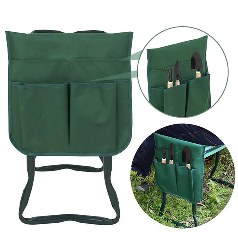Grab And Go Folding Garden Kneeler Bench with Foam Cushioned Kneeling Pad, showing green tool pouch with tools, side view.