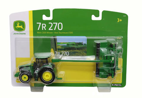 One Sixty Fourth Scale 7R 270 Tractor With C500 Mower Set Toy in packaging, showcasing realistic diecast detail and rear hitch.