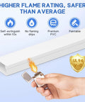 Hand testing flame resistance of 315 Inch Paintable Cord Hider Kit Cable Raceway For Wall Mount TV with lighter under text.