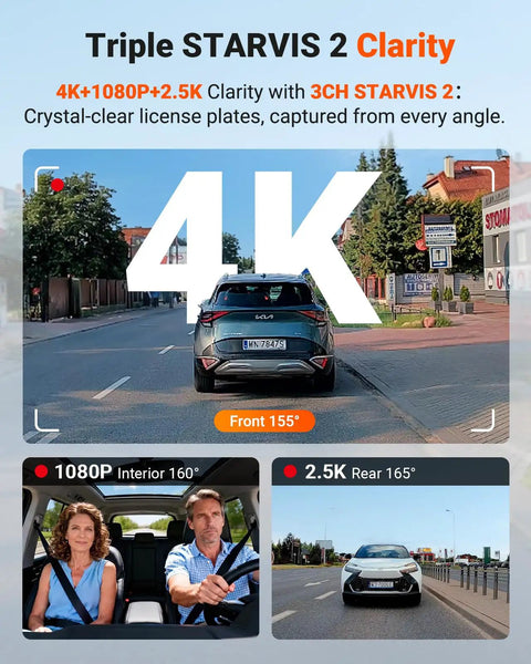 Triple STARVIS 2 clarity; 4K front, 2.5K interior, 1080P rear dash cam with images of car on road and passengers inside.