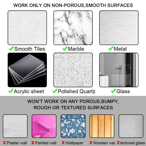 Diagram showing suitable surfaces for 4 Pack Suction Cup Hooks Heavy Duty Bathroom Kitchen Mounts such as glass and marble, unsuited surfaces like plaster.