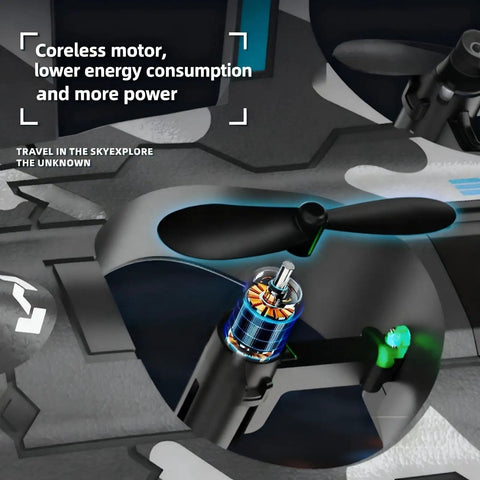 Coreless motor detail of the F47 RC Fighter Drone For Kids, featuring super easy to fly remote control jet with altitude hold and LED lights.