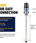 Heavy Duty Pneumatic Oil Pump Transfers 11.9 GPM Fast With Rust Resistant Stainless Steel And Icing Free Air Motor, side view with connections.