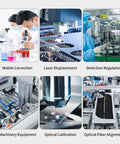Laboratory setting showcasing Mobile Correction, Laser Displacement, Detection Regulation, and Optical Calibration.
