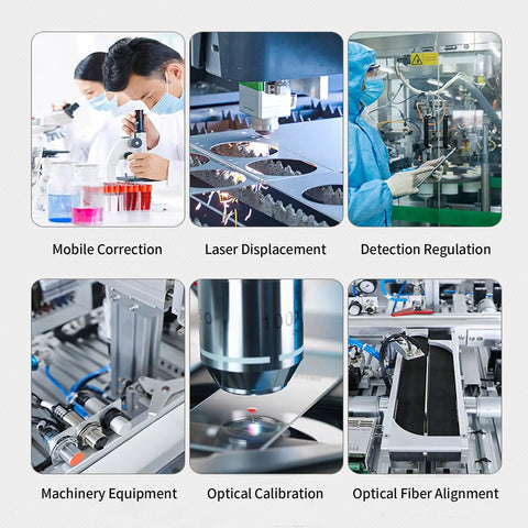 Laboratory setting showcasing Mobile Correction, Laser Displacement, Detection Regulation, and Optical Calibration.
