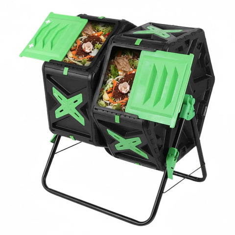Efficient 140L Dual Chamber Compost Tumbler With Sliding Door Heavy Duty Rotating Outdoor Bin For Yard And Garden No Hassle Setup