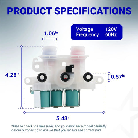 Washer Water Inlet Valve 120V 60Hz For Whirlpool Kenmore Models Replaces W10632527 W10758829 dimensions and voltage details