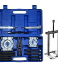 Professional Grade 14 Piece Automotive Bearing Puller Kit With Dual Disc Separator Aid To Remove Bearings Safely For Cars Or Motorcycles Great For Wrenching Fans Who Want Fast Results Using A Killer Puller Kit For Trucks And Bikes. blue plastic case with bearing puller tools