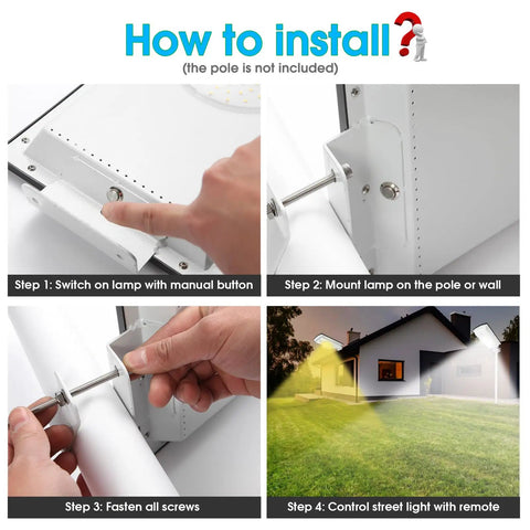 Installation steps for Dual Color Solar Street Light With Remote Dimmable 6000K Cool White And 3000K Warm White Dusk To Dawn Aluminum Flood Light With Motion Sensor For Driveways Paths Gardens And Parking Lots Easy Install