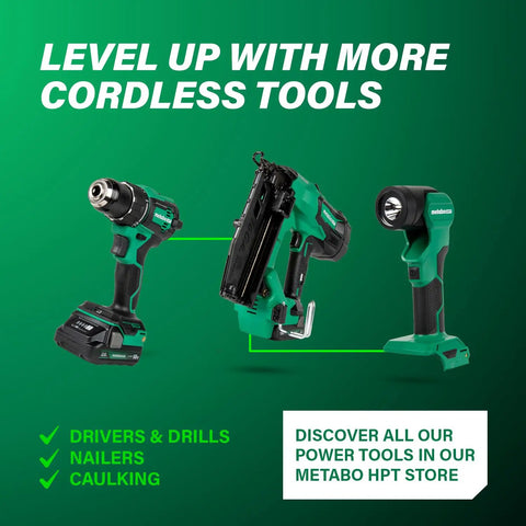 18V MultiVolt Cordless LED Flashlight With 250 Lumens High, 120 Lumens Low, Six Angle Settings, drill, nailer on green backdrop