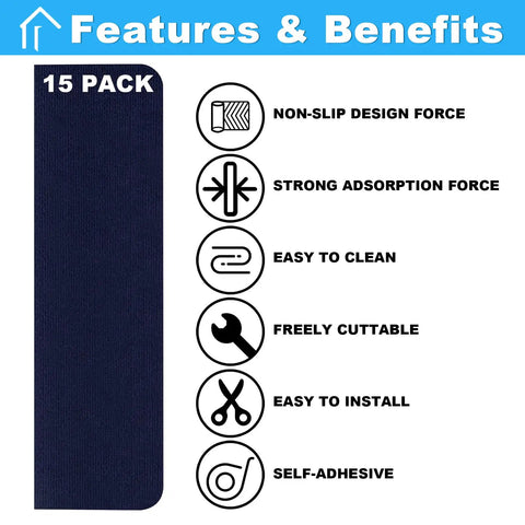 No Slip Carpet Stair Treads For Wooden Steps 8 By 30 Inches 15 Pack showing features like non-slip and self-adhesive design.