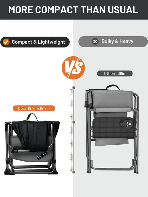 Comparison of compact Heavy Duty Camping Chair With Compact Fold Built In Side Table And Pocket with a bulkier chair