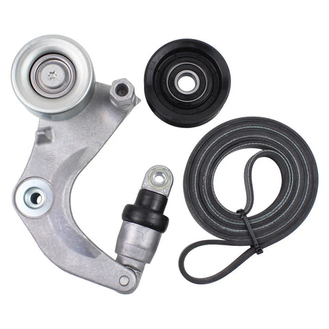 Premium Accessory Drive Serpentine Belt Tensioner Pulley Kit That Slays For Acura Ilx 2013 to 2015 And Fits Honda Civic Models From 2012 Through 2015 With Easy Swap Replacement Number K06 Plus Many More, silver metal and black pulley set