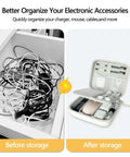 Hard Shell Cable Tech Organizer Travel Case For Power Banks And Portable Chargers With Straight Up Cable Organization And Kickass Gadget Protection Optimized To Keep Essentials Snug And Secure On Every Trip White shown in organized and cluttered settings.