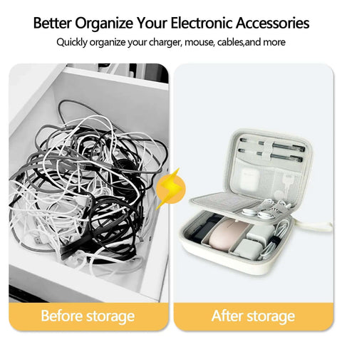 Hard Shell Cable Tech Organizer Travel Case For Power Banks And Portable Chargers With Straight Up Cable Organization And Kickass Gadget Protection Optimized To Keep Essentials Snug And Secure On Every Trip White shown in organized and cluttered settings.