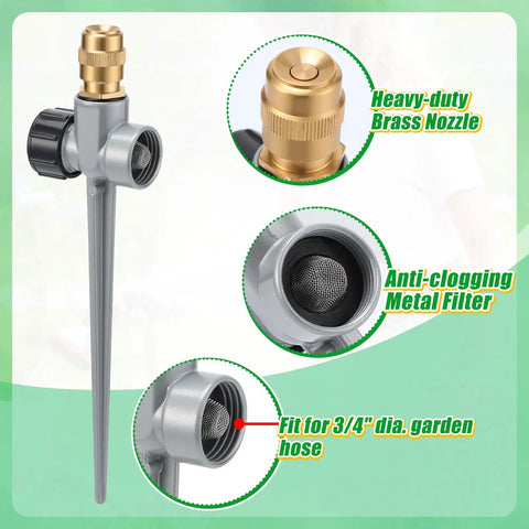 Two Pack Metal Lawn Sprinklers For Yard With 360 Degree Coverage, featuring adjustable brass nozzles and aluminum spike base