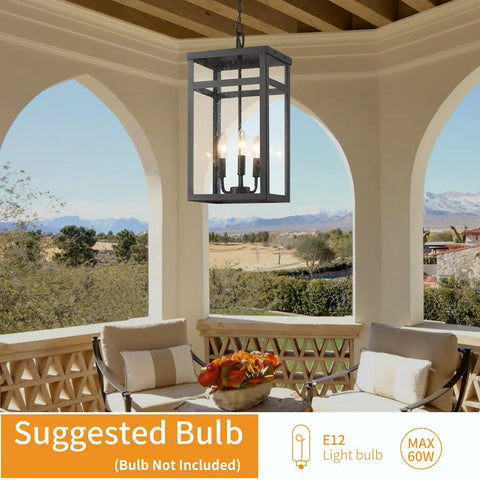 Three Light Outdoor Indoor Pendant Light Black Exterior With Seeded Glass Shade Dope Modern Chandelier on porch
