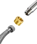 Brass reducer hex bushing, 3/4 in NPT male to 1/2 in NPT female, with braided hose and metal pipe end