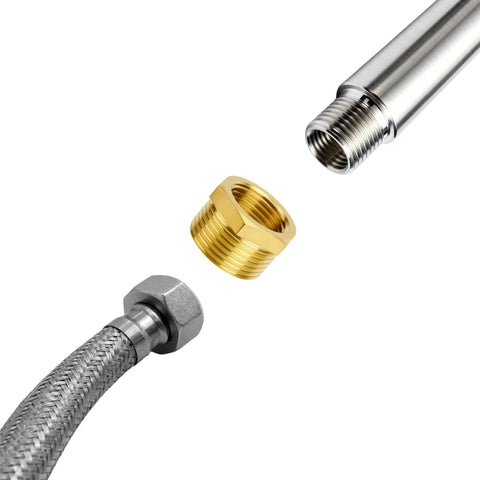 Brass reducer hex bushing, 3/4 in NPT male to 1/2 in NPT female, with braided hose and metal pipe end