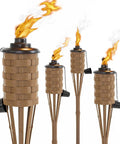 Citronella Bamboo Torches 4 Pack in Brown, 60 Inch Tall Outdoor Lighting Stakes with Wide Mouth Metal Canisters.