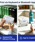 Sweet Setup Wireless Label Maker With Fast Typing Keyboard And Bluetooth Paired Smart App for organizing files and water bottles.