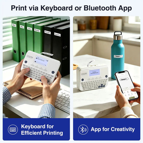 Sweet Setup Wireless Label Maker With Fast Typing Keyboard And Bluetooth Paired Smart App for organizing files and water bottles.