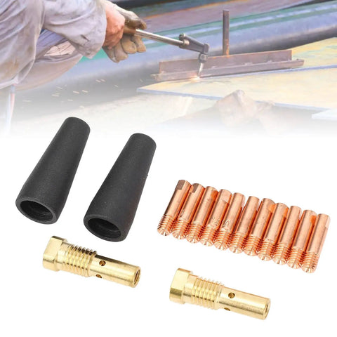 Gasless Flux Core Nozzle Tips Kit For Mig Welders, 15 Piece Set With 0.039 Inch Electrodes, visible components on white surface