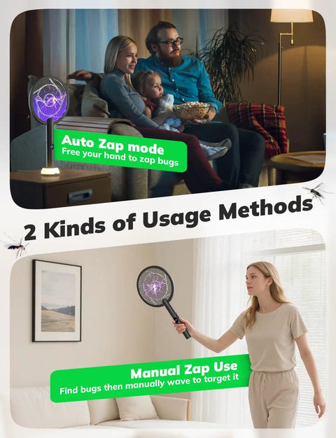 Two images showing Electric Fly Swatter Bug Zapper Racket 4000V With LED Screen Dual Modes Rechargeable in use indoors.