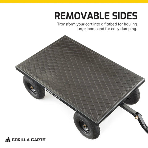 Heavy Duty Steel Utility Cart With 9 Cu Ft Bed And 1200 Lb Capacity Towable Outdoor Hauling Wagon With Removable Side Panels, flatbed view