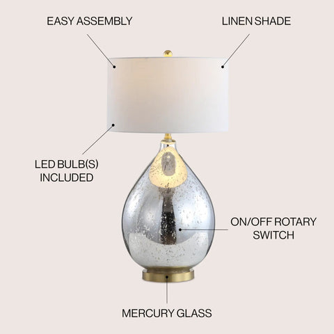 Mercury Silver Glass Teardrop Table Lamp With White Linen Drum Shade For Living Room Or Bedroom Dope Glam Transitional Bedside Lighting