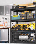 Beefed Up Heavy Duty Garage Shelving System With Four Tier Storage Shelves 2200 Lbs Capacity 40 Inch Wide By 20 Inch Deep By 60 Inch High Industrial Metal Garage Organizer loaded in a garage