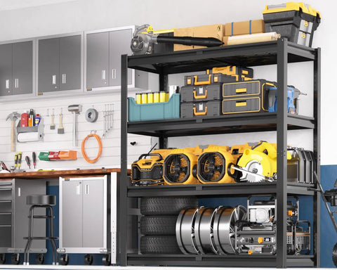 Beefed Up Heavy Duty Garage Shelving System With Four Tier Storage Shelves 2200 Lbs Capacity 40 Inch Wide By 20 Inch Deep By 60 Inch High Industrial Metal Garage Organizer loaded in a garage