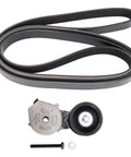 Heavy Duty Serpentine Drive Belt Component Kit With Accessory Tensioner Assembly For Smooth Operation shown with belt and pulley