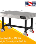 Straight Up Rock Solid Heavy Duty Steel Welding Fixture Table With Smooth Cruising Casters And Laser Cut Precision Mounting Holes For Custom Metalwork Shop Setup At 60X36X36 Inches, showcasing dimensions and weight.