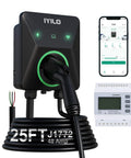 Level 2 EV Charger With Energy Meter 11.5kW 48A J1772 Wall Mount Charger, dual temp sensors, WiFi, RFID, black gray unit with coiled cable