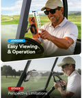 Golfer using Magnetic Golf Cart Phone Holder With 360 Degree Rotatable Base And Foldable Dual Arm for GPS viewing on cart.