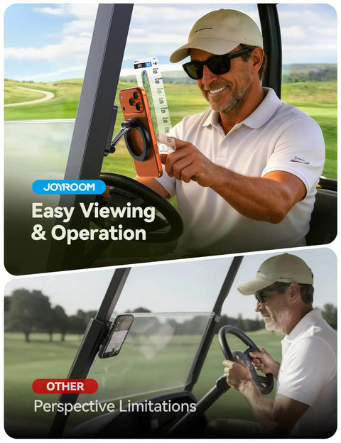 Golfer using Magnetic Golf Cart Phone Holder With 360 Degree Rotatable Base And Foldable Dual Arm for GPS viewing on cart.