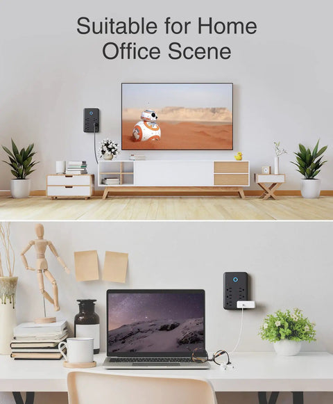 No Fuss Smart Power Strip With USB Surge Protection And Wall Adapter in home office scene with laptop and decor