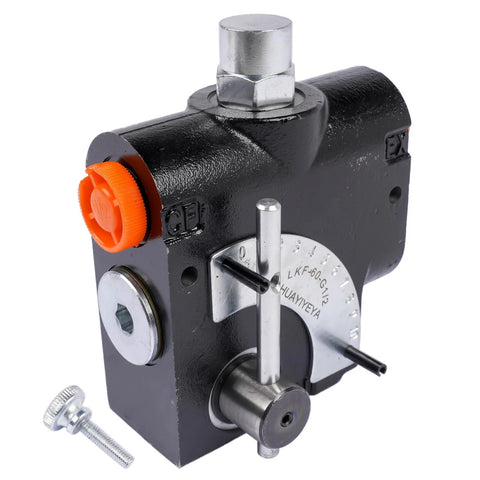 Getanye hydraulic adjustable flow control valve with relief, 1/2 in NPT, black metal body, orange knob