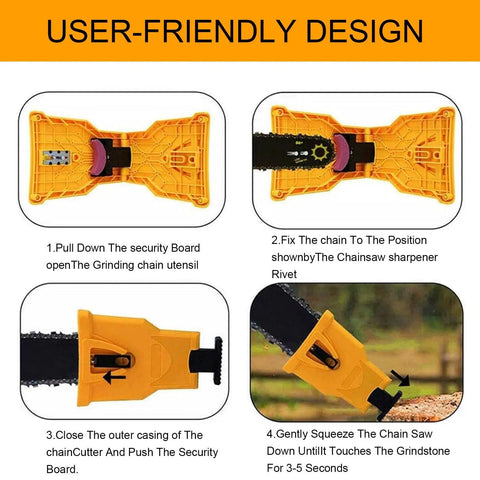 Four-step usage guide for Universal Chainsaw Sharpener for 12 to 22 Inch Chain Saws, featuring installation and sharpening process.