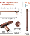 Six Pack 5.04 Inch Center To Center Antique Copper Drawer Pulls Red Bronze Bar Handles size diagram with measurements